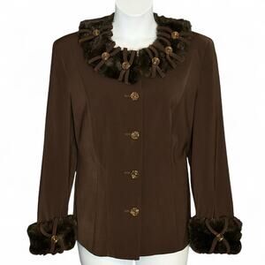 Justin Taylor Brown Faux Fur Blazer 16W Holiday Party Retro Glam Beaded Buttons